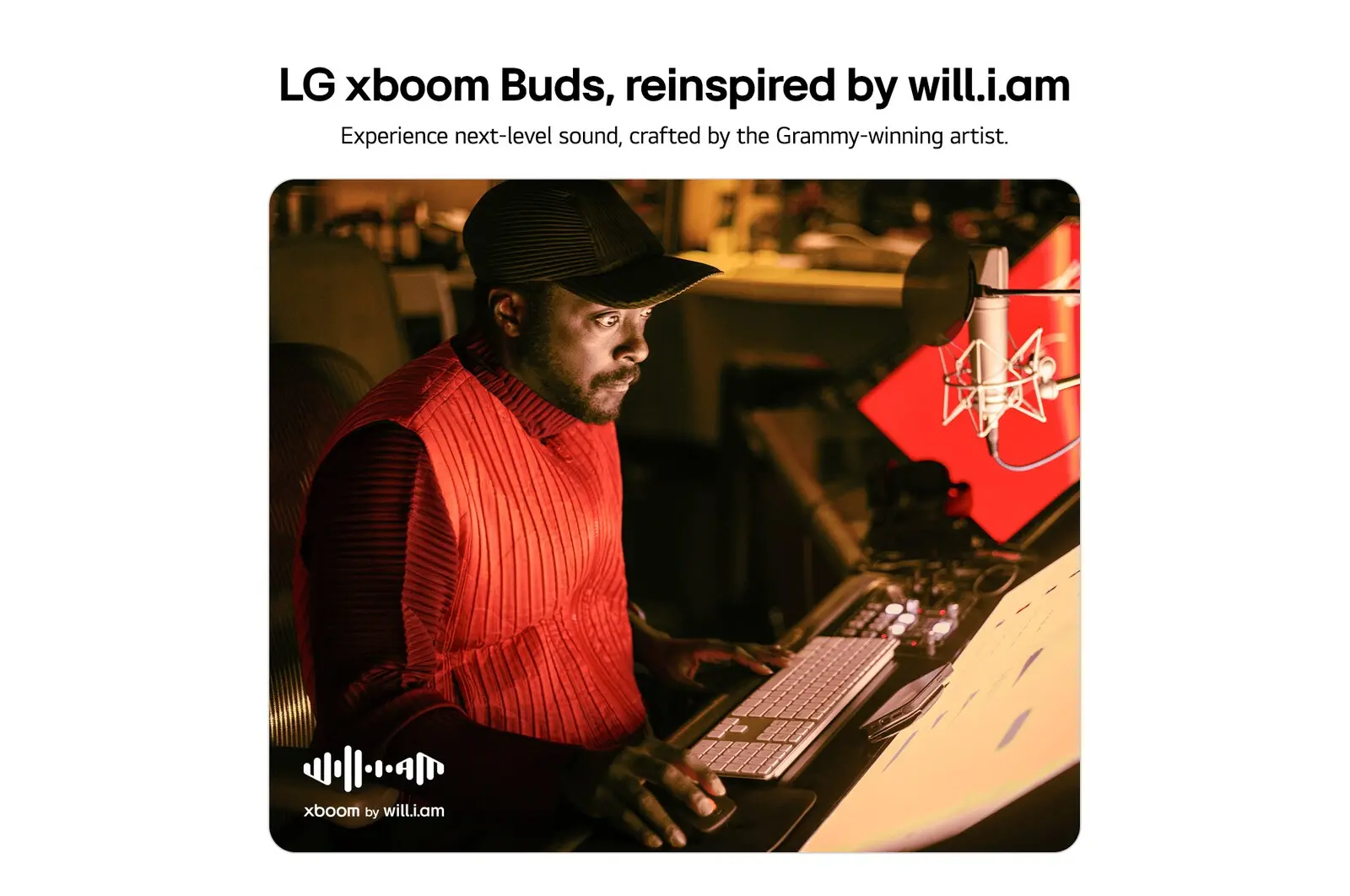 Front view of LG xboom Buds Plus by will.i.am | Bluetooth Earbuds with Graphene Drivers & Adaptive EQ, ANC, White BUDSPLUS-WHITE