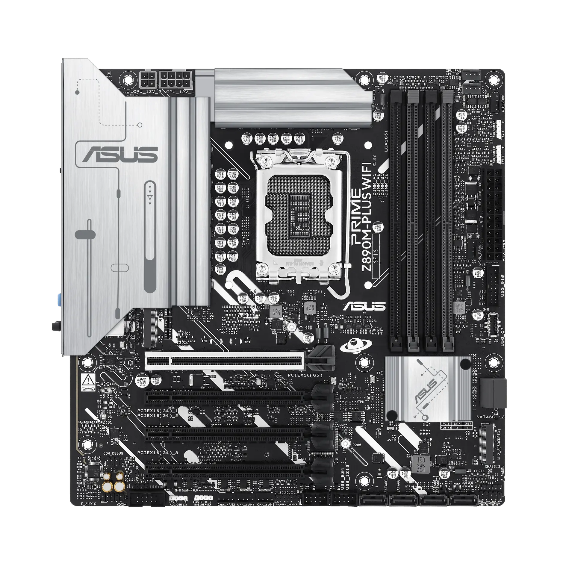 ASUS PRIME Z890M-PLUS WIFI motherboard, official front view showing its exact board layout, processor socket, memory slots and heatsinks.