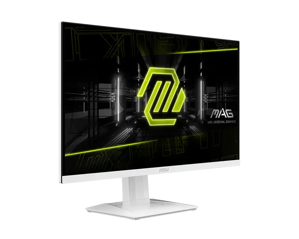 MSI MAG 274QRFW: one monitor with its supplied stand, shown from the front at an angle