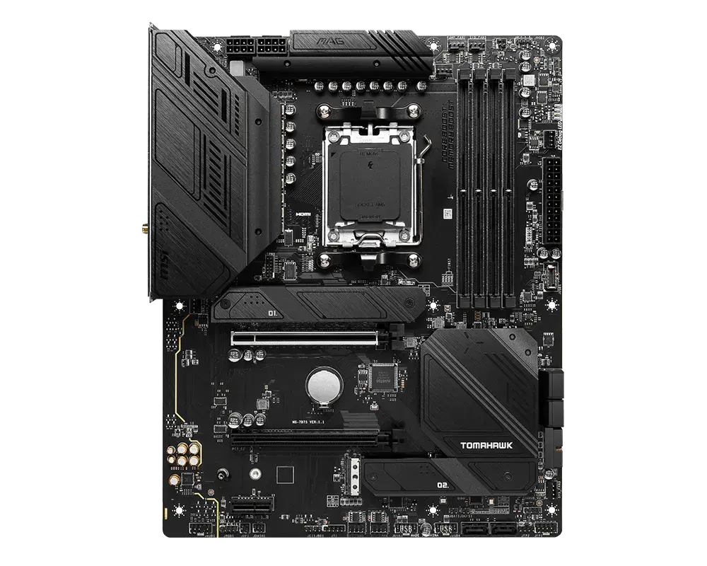 MSI MAG B650 TOMAHAWK WIFI motherboard, top view of the exact global model; CPU and memory are not installed