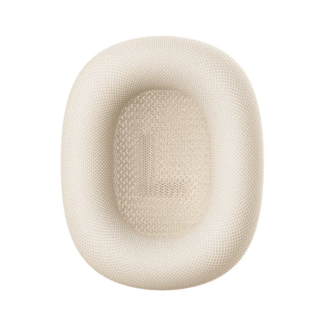 AirPods Max Ear Cushions in Starlight, wrapped in mesh textile, embroidered letter L inside