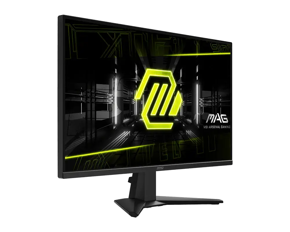 MSI MAG 275QF monitor at an angle, with its splayed stand and the manufacturer's green MAG screen artwork.