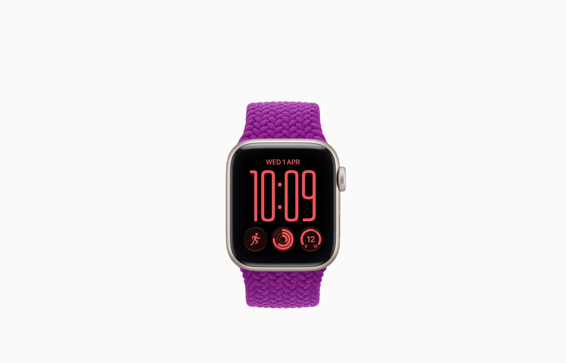 40-millimetre Apple Watch SE 3, aluminium case, starlight colour, connected to Braided Solo Loop strap, magenta colour