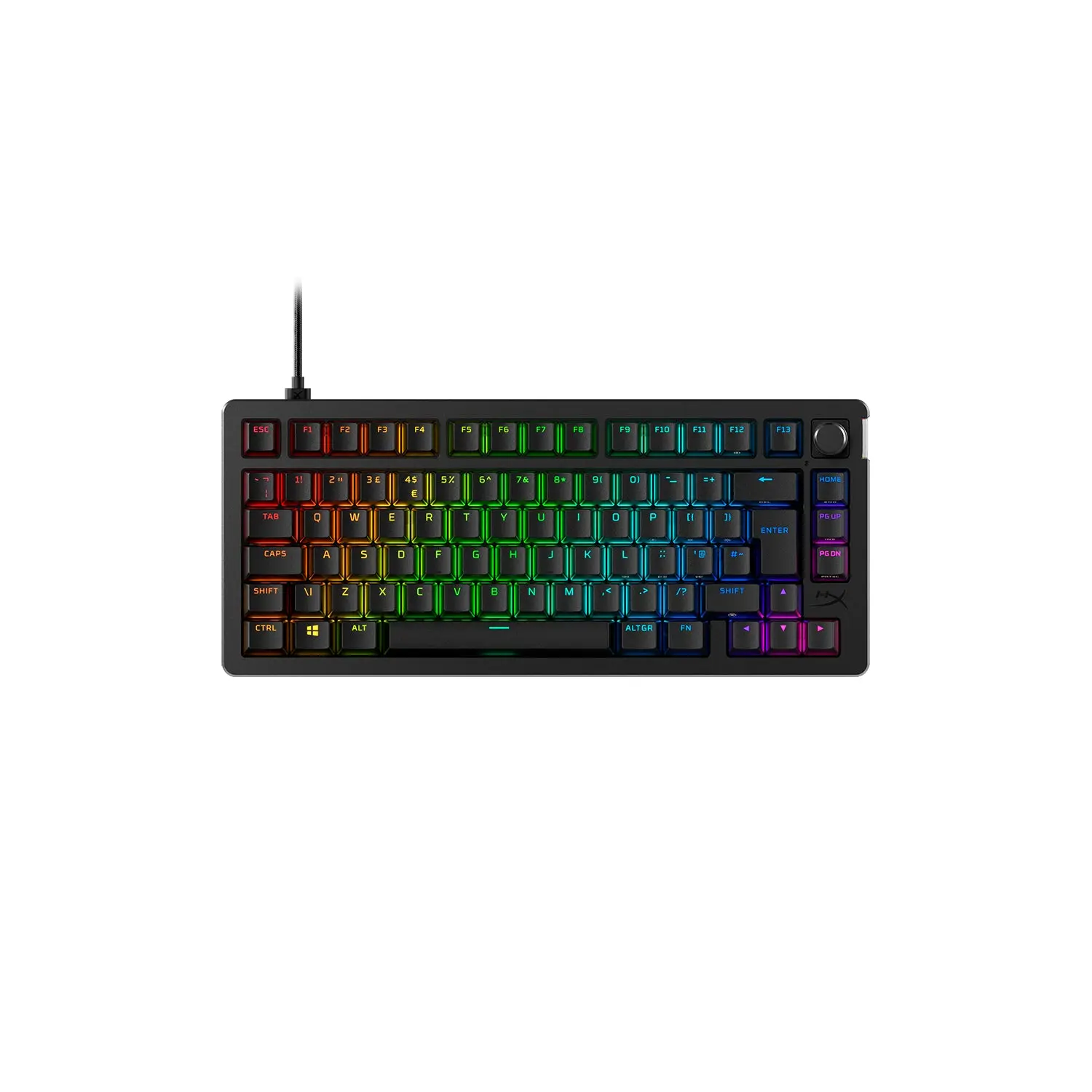 HyperX Alloy Rise 75 black 75% keyboard with UK ISO layout, volume knob and RGB lighting, official top view