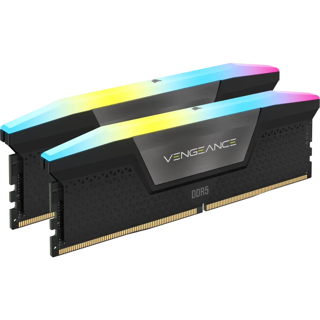 Corsair Vengeance RGB 64 GB CMH64GX5M2B6000C30 — Two black VENGEANCE RGB DDR5 modules with illuminated top diffusers; not DDR4 RGB PRO.