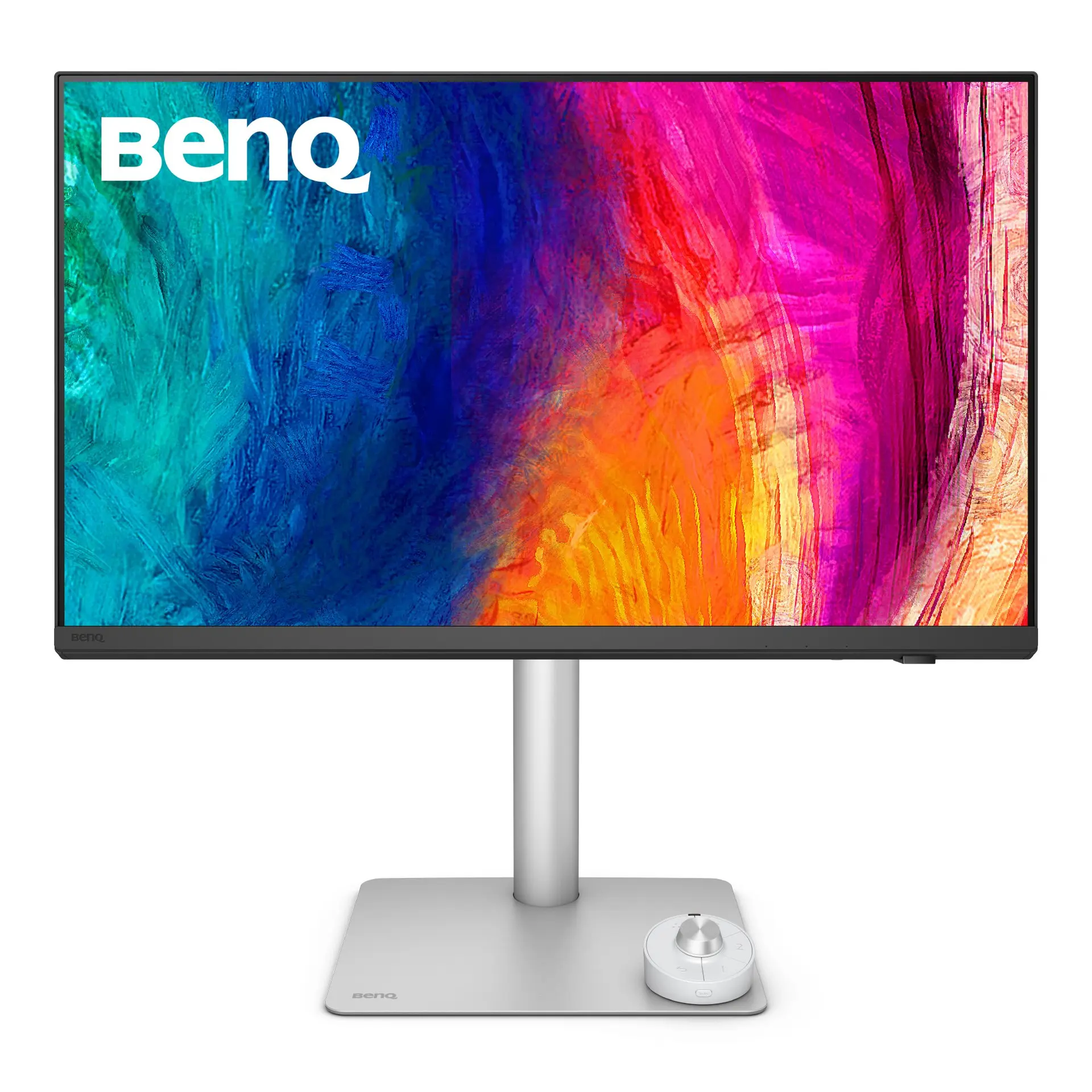 BenQ PD2730S monitor, official exact-model gallery front view showing the screen, supplied silver height-adjustable stand and Hotkey Puck.