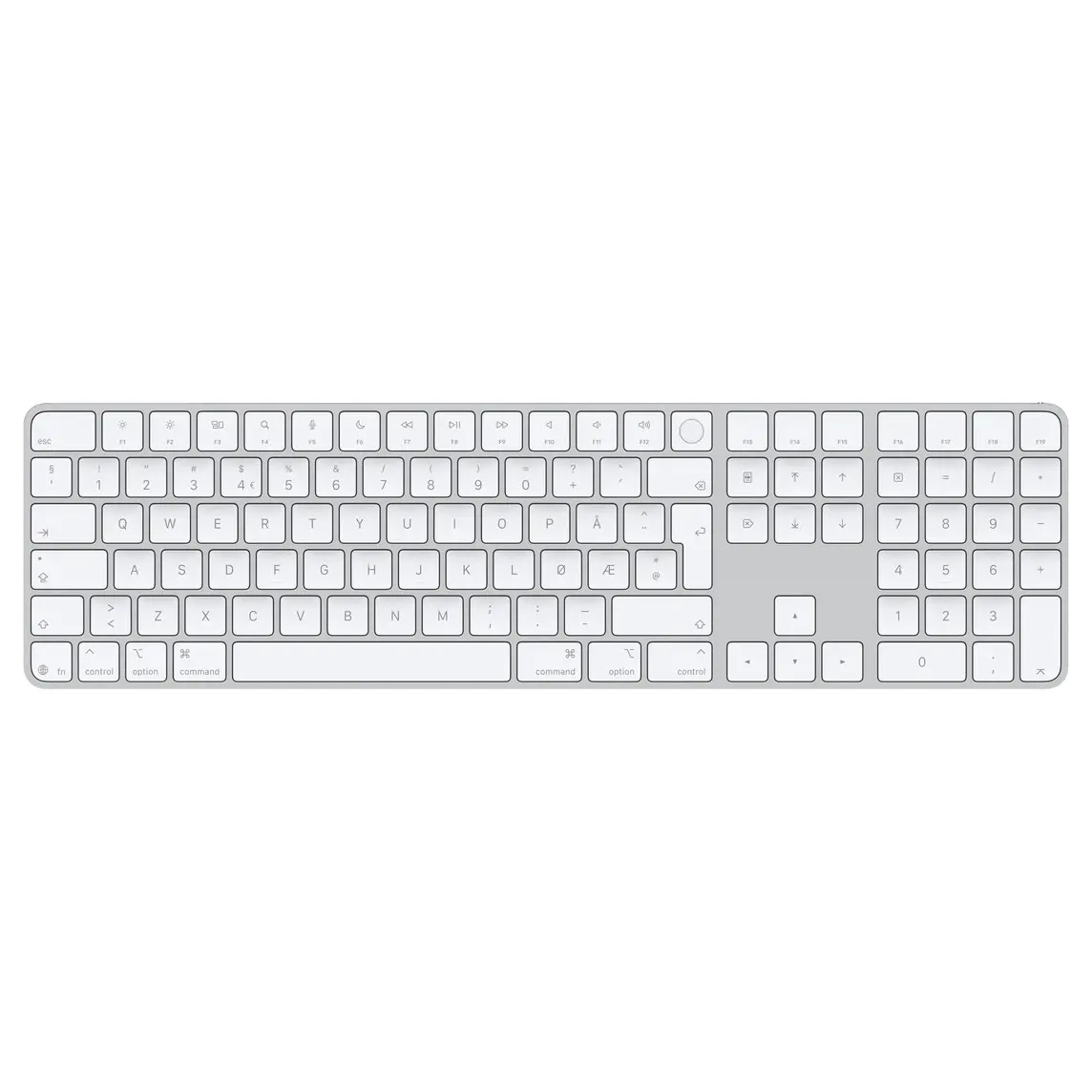 Magic Keyboard with Touch ID and Numeric Keypad, whitekeys, silver aluminium structure, round Touch ID sensor, full-height function keys