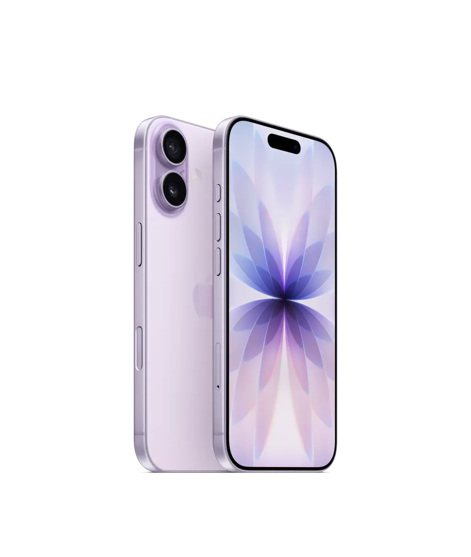 iPhone 17, back exterior, lavender colour, Dual Fusion camera system, front exterior, all-screen design, Dynamic Island, thin black display border, side exterior, Action button, volume buttons, Side button, Camera Control button