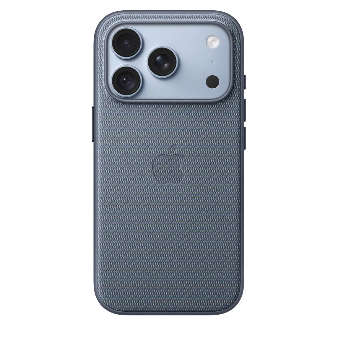 iPhone 18 Pro TechWoven Case with MagSafe in chambray blue colour (bluish-grey), back exterior, embedded Apple logo in centre, attached to iPhone 18 Pro in glacier colour (light blue), visible through camera cutout