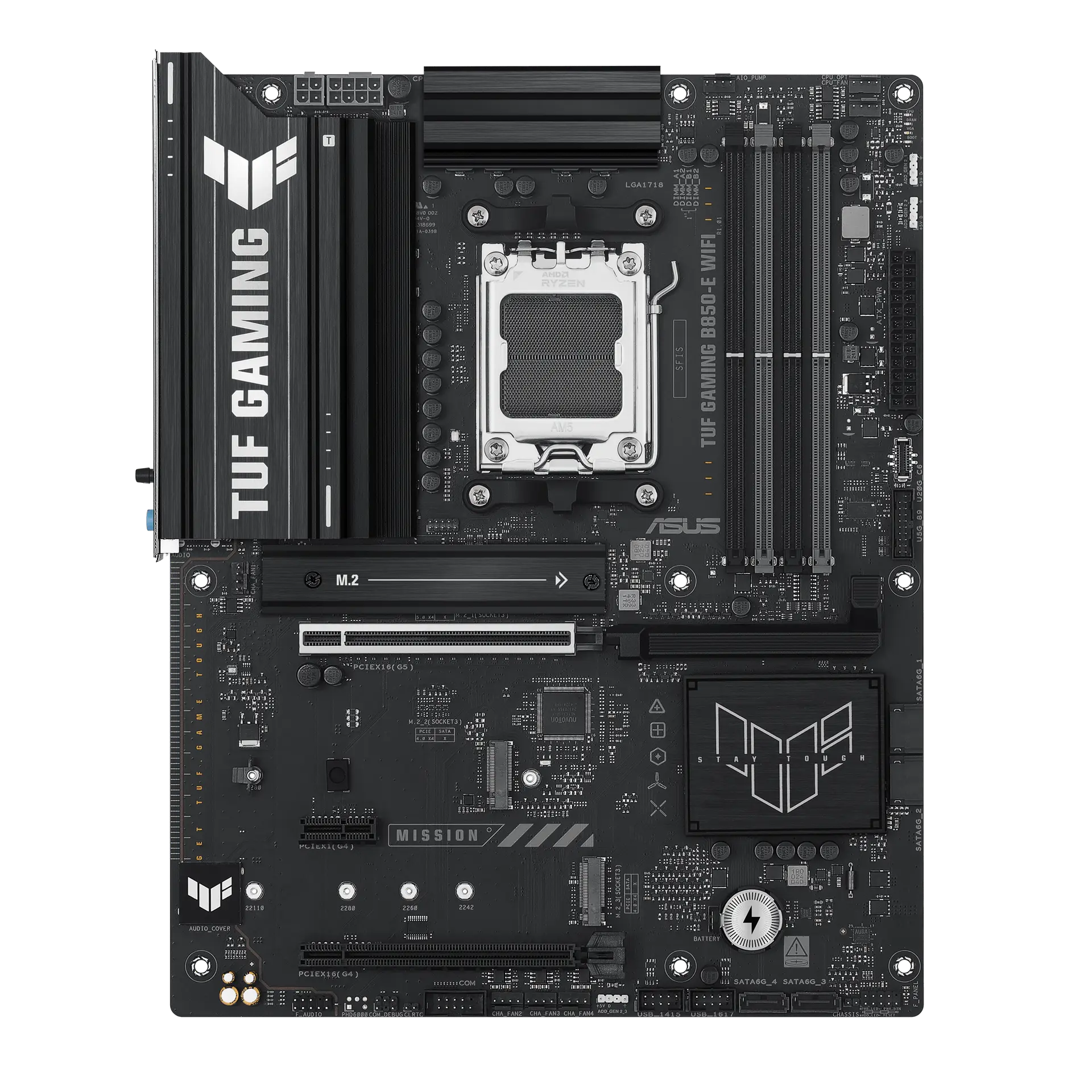 ASUS TUF GAMING B850-E WIFI motherboard, official front view showing its exact board layout, processor socket, memory slots and heatsinks.